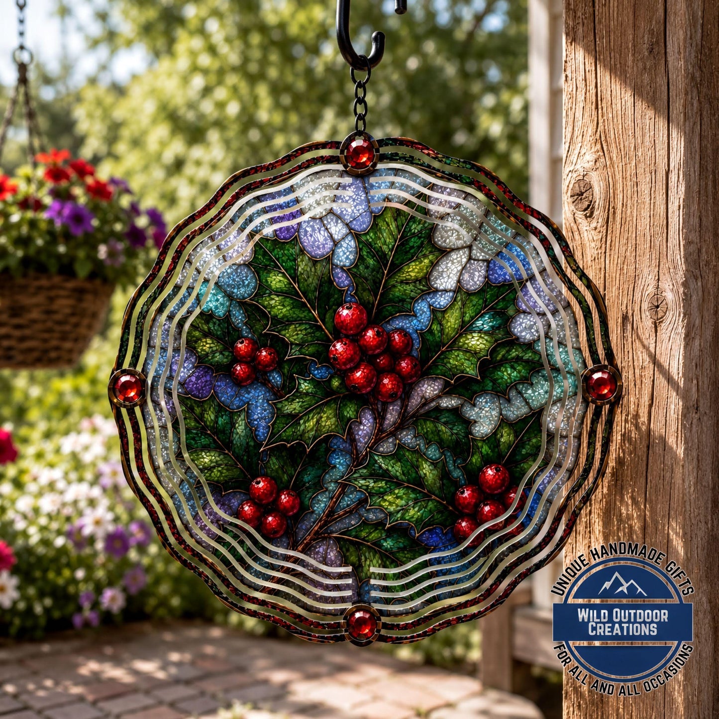 December Birth Flower Wind Spinner Holly Faux Stained Glass Garden Gift Yard Art