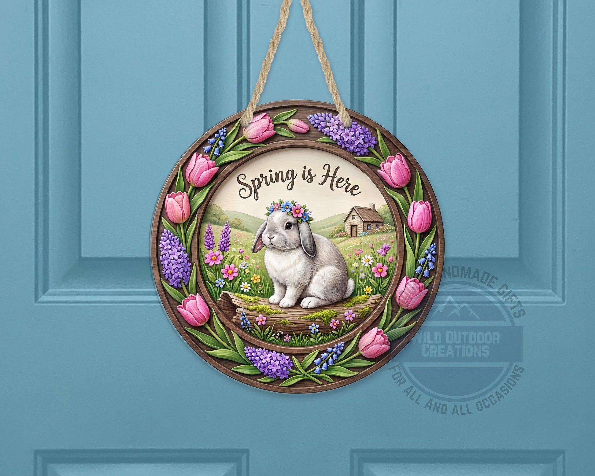 Spring Door Hanger – Round Aluminum Bunny Spring Sign with Tulip Decor - gift presentation view