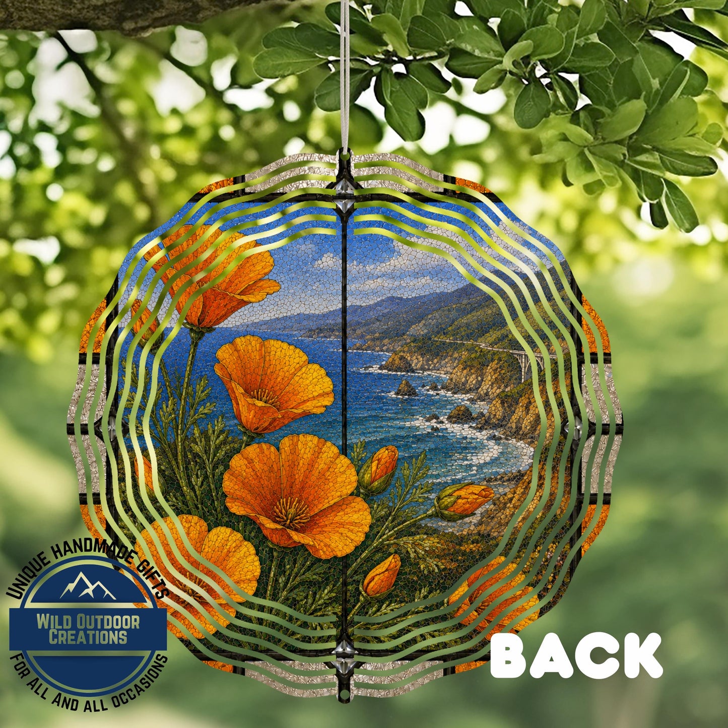 California Poppy Wind Spinner - Aluminum Garden Decor with Stained Glass Style Outdoor Art