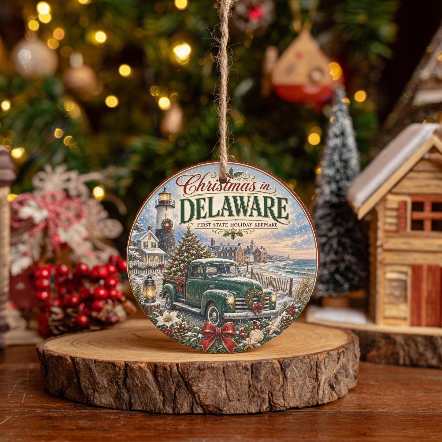 Delaware Christmas Ornament, Coastal Lighthouse Vintage Truck Art