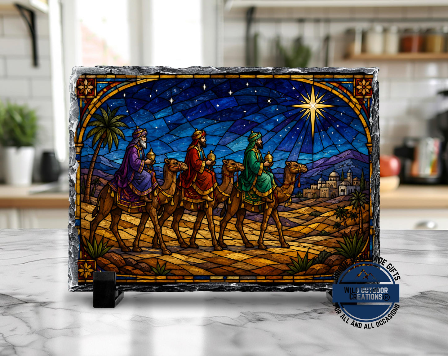 Three Wise Men Faux Stained Glass Slate Plaque, Christmas Nativity Decor, Religious Gift