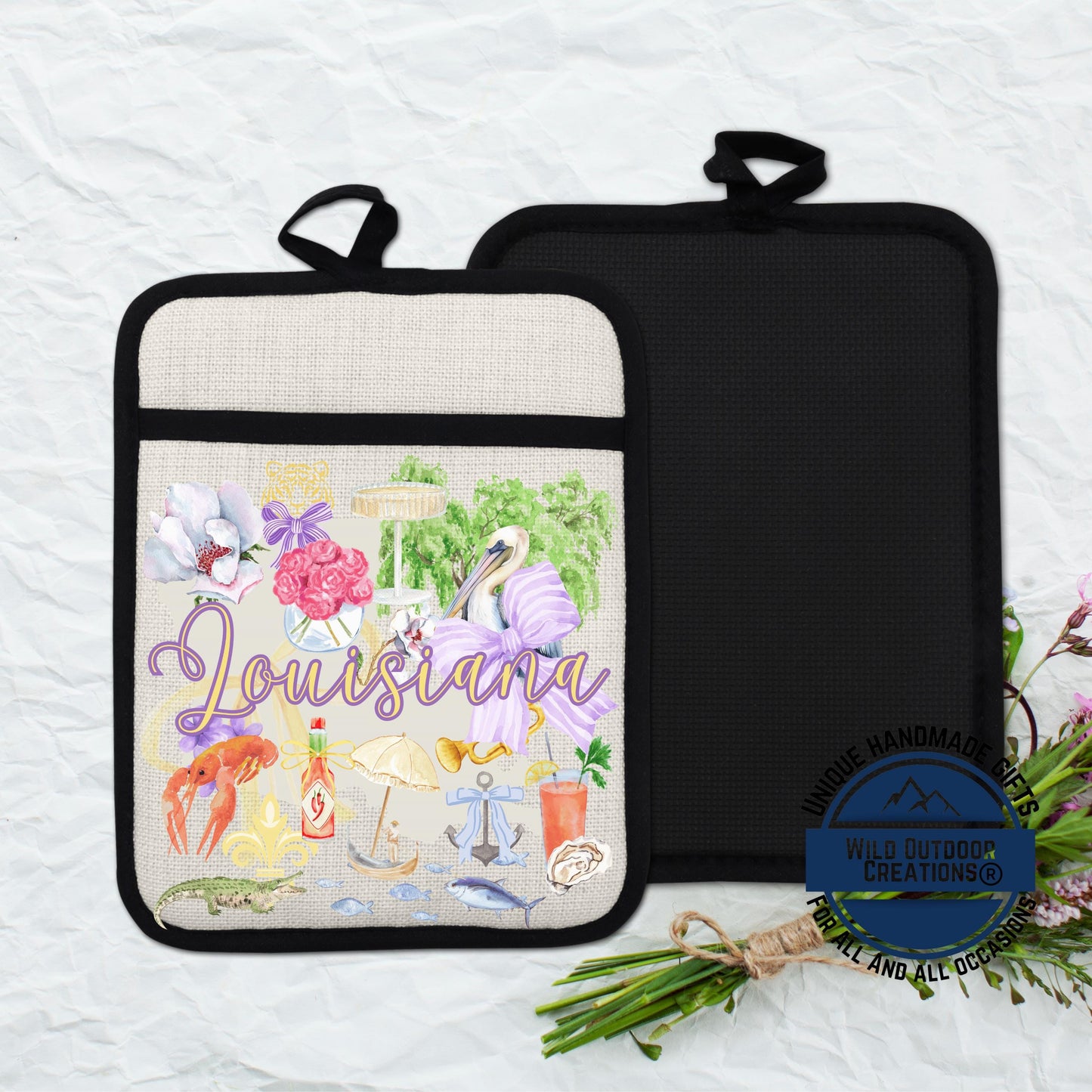 Louisiana Pot Holder | Non Slip Silicone Back Pocket Potholder Linen Kitchen Gift - additional angle