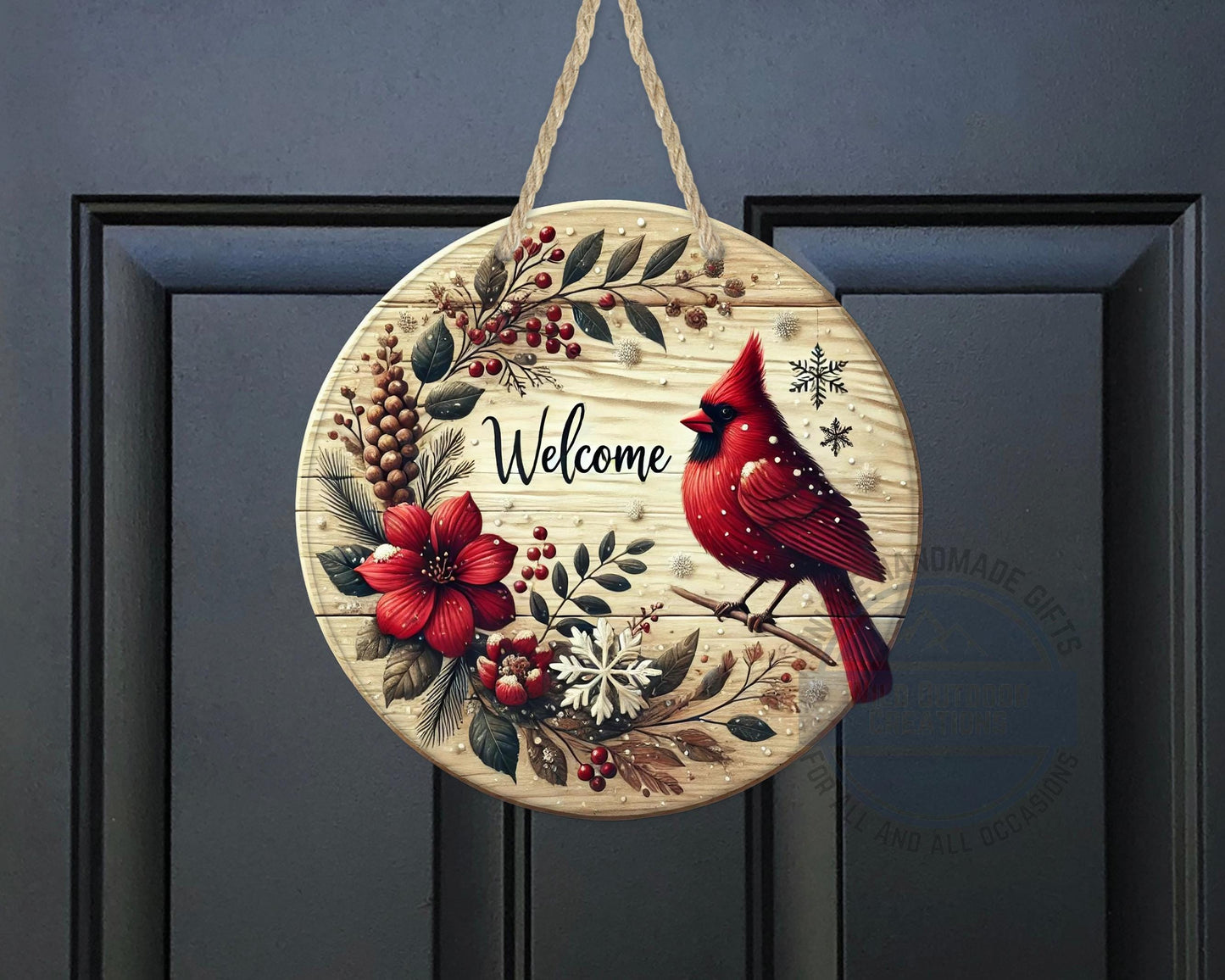 Cardinal Door Hanger - Winter Floral Wreath | Lightweight Aluminum Holiday Porch Sign