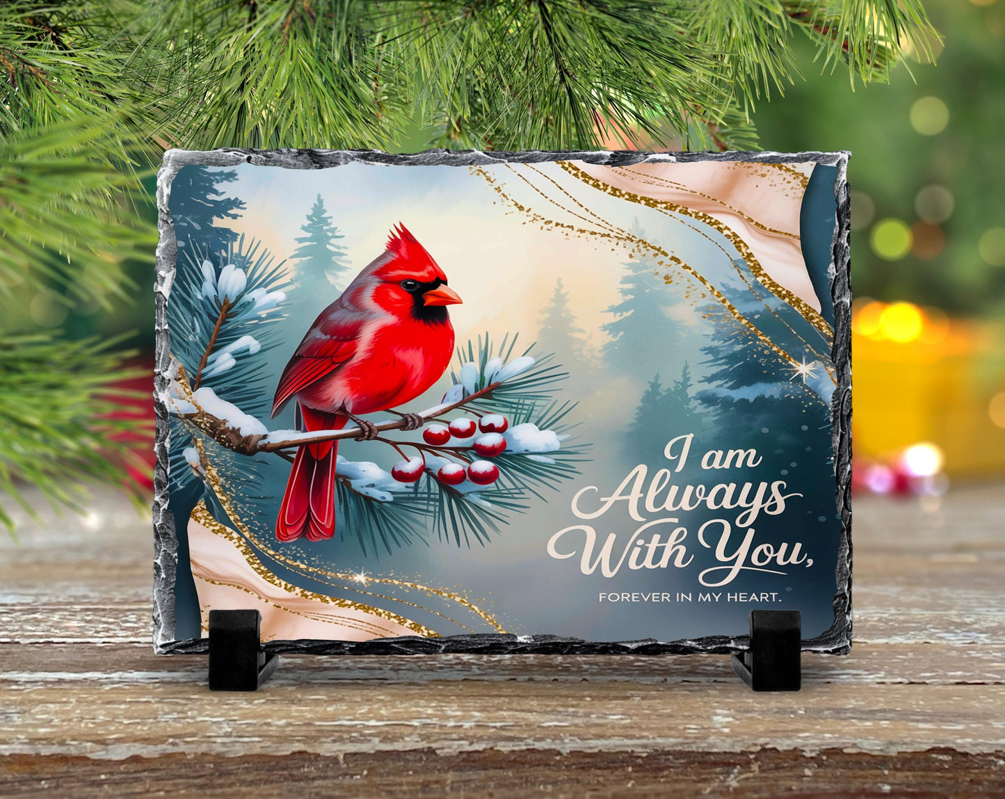 Red Cardinal Slate Plaque with Fractured Edges Holly and Heartfelt Quote