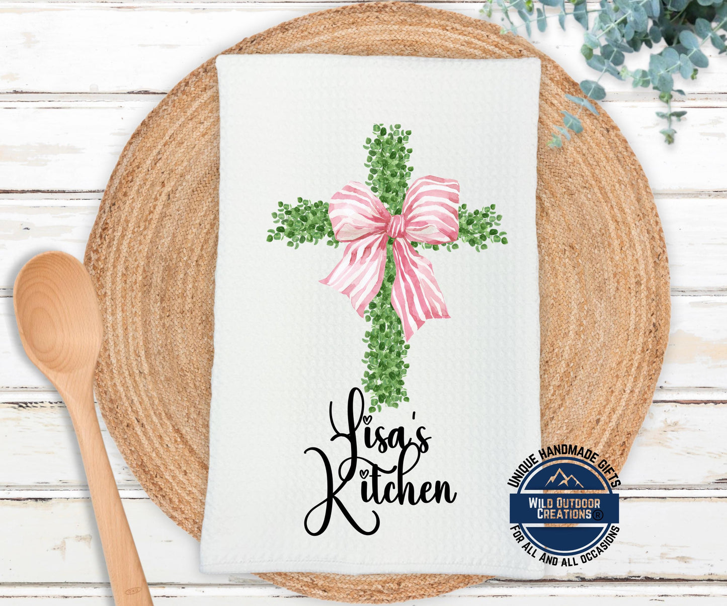 Personalized Kitchen Towel - Custom Name Cross Design with Pink Bow | Easter Gift - lifestyle view
