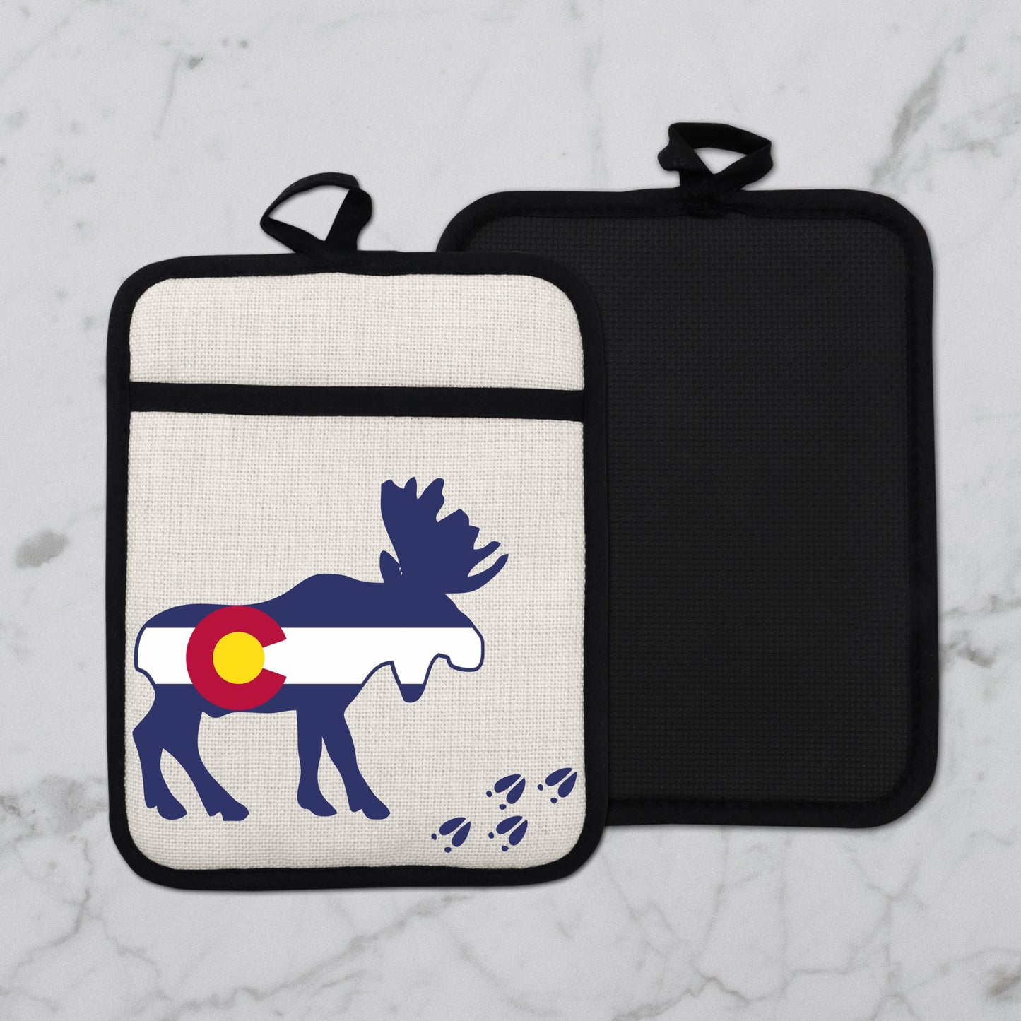 Colorado Moose Pot Holder - Heat Resistant Trivet with Silicone Back & Linen Fabric Front