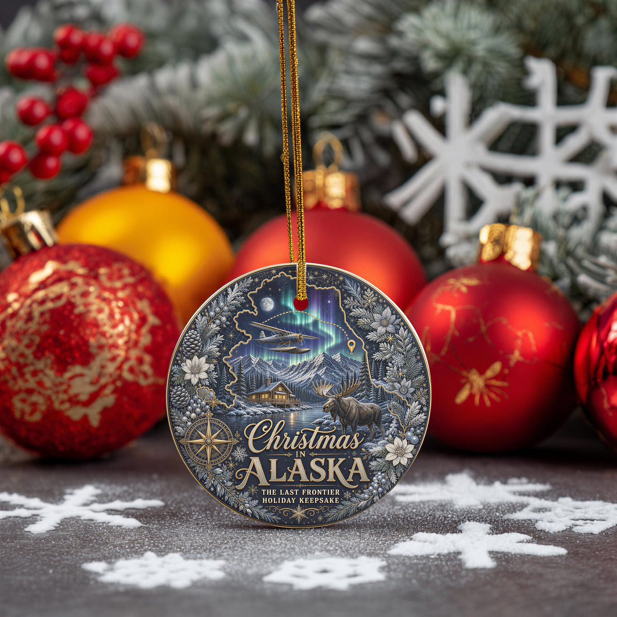 Alaska Ornament - Northern Lights Moose Cabin, 3 Inch Ceramic Tree