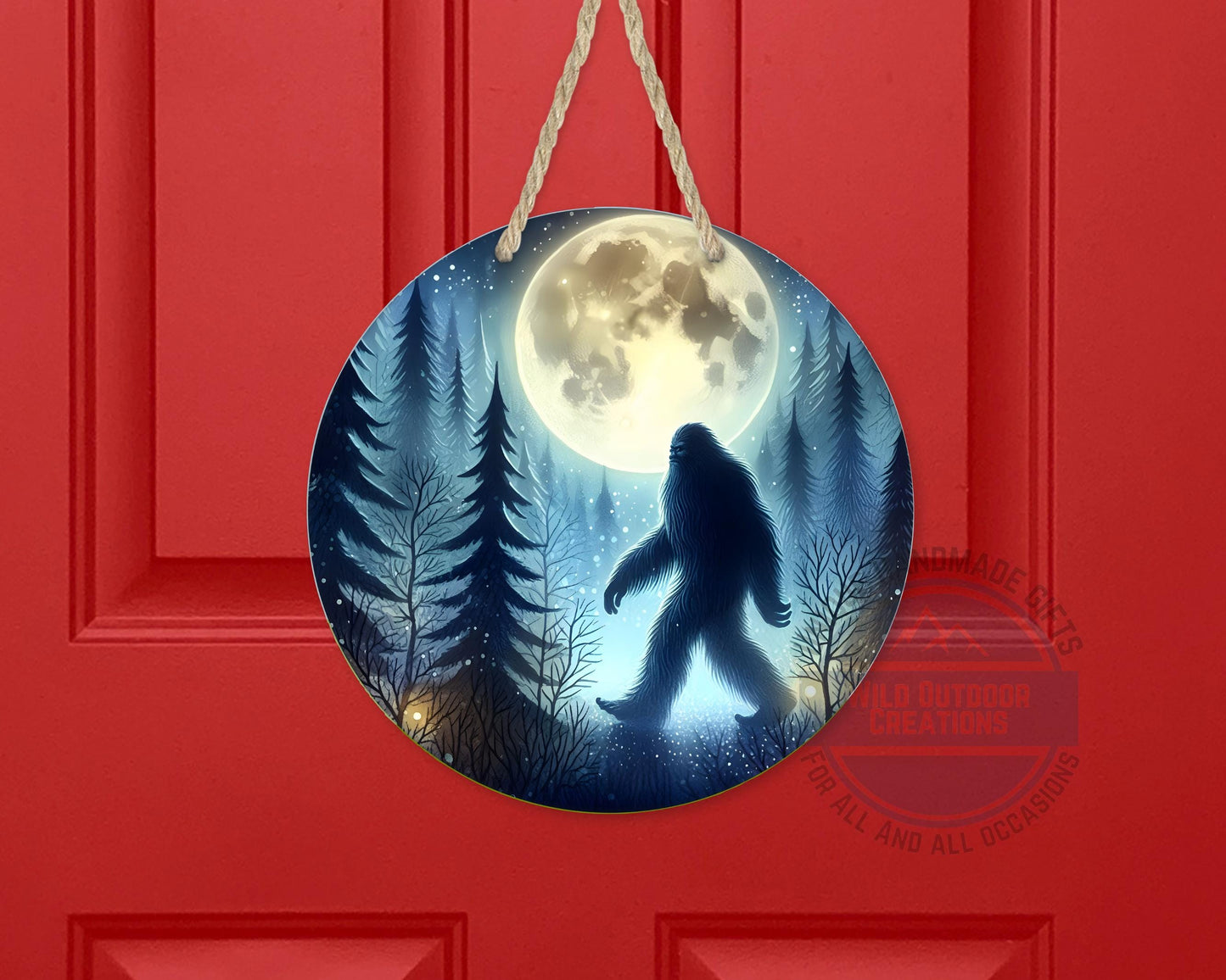 Bigfoot Door Hanger - Aluminum Round Porch Sign With Moonlit Forest Decor