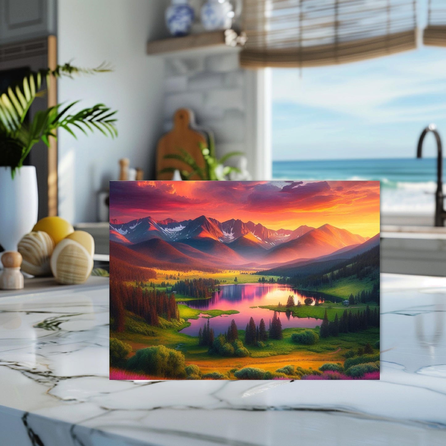 Mountain Lake Sunset Glass Cutting Board, Nature-Inspired Housewarming Gift