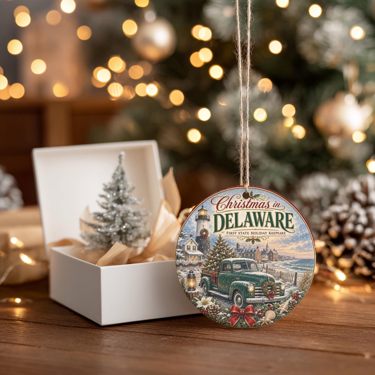 Delaware Christmas Ornament, Coastal Lighthouse Vintage Truck Art