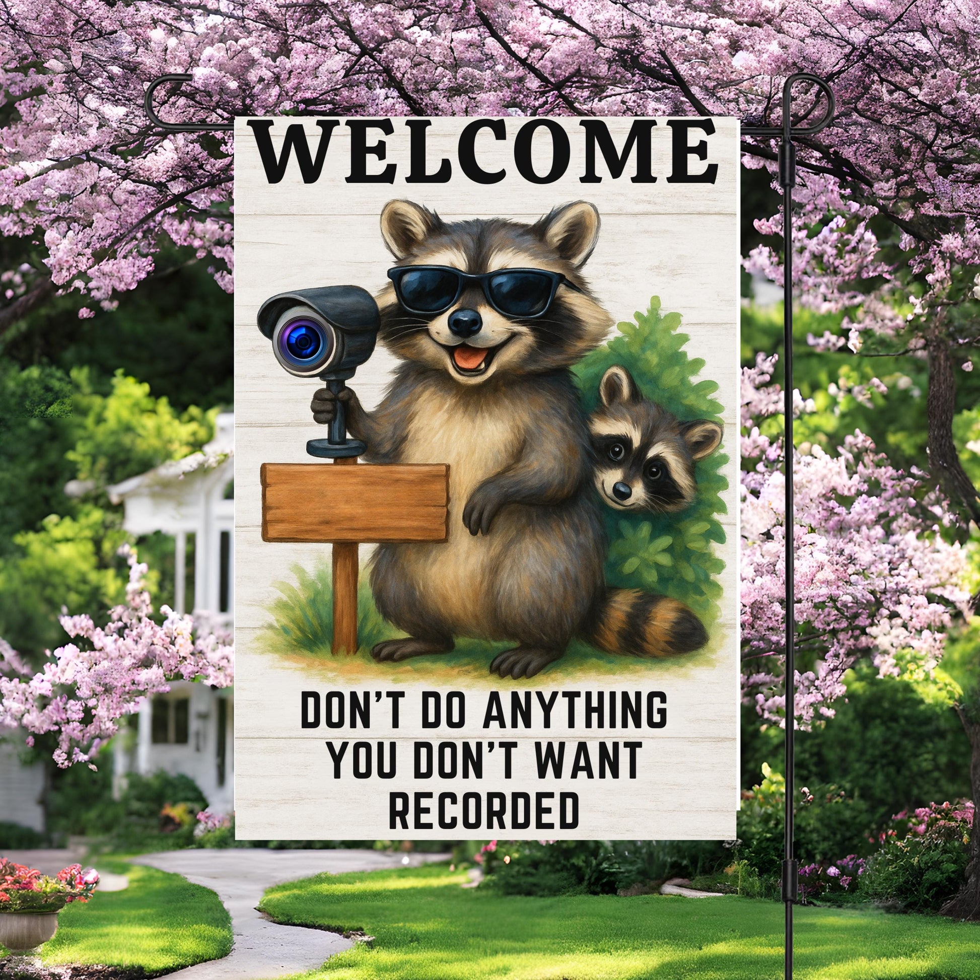 Funny Raccoon Garden Flag – Security Camera Porch Decor | Welcome Yard Banner - product dimensions and specifications