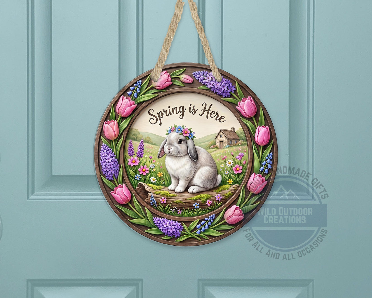 Spring Door Hanger – Round Aluminum Bunny Spring Sign with Tulip Decor - detail view