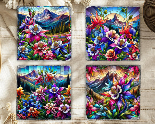 Rocky Mountain Columbine Slate Coaster Set - Rustic Nature-Inspired Home Decor Gift