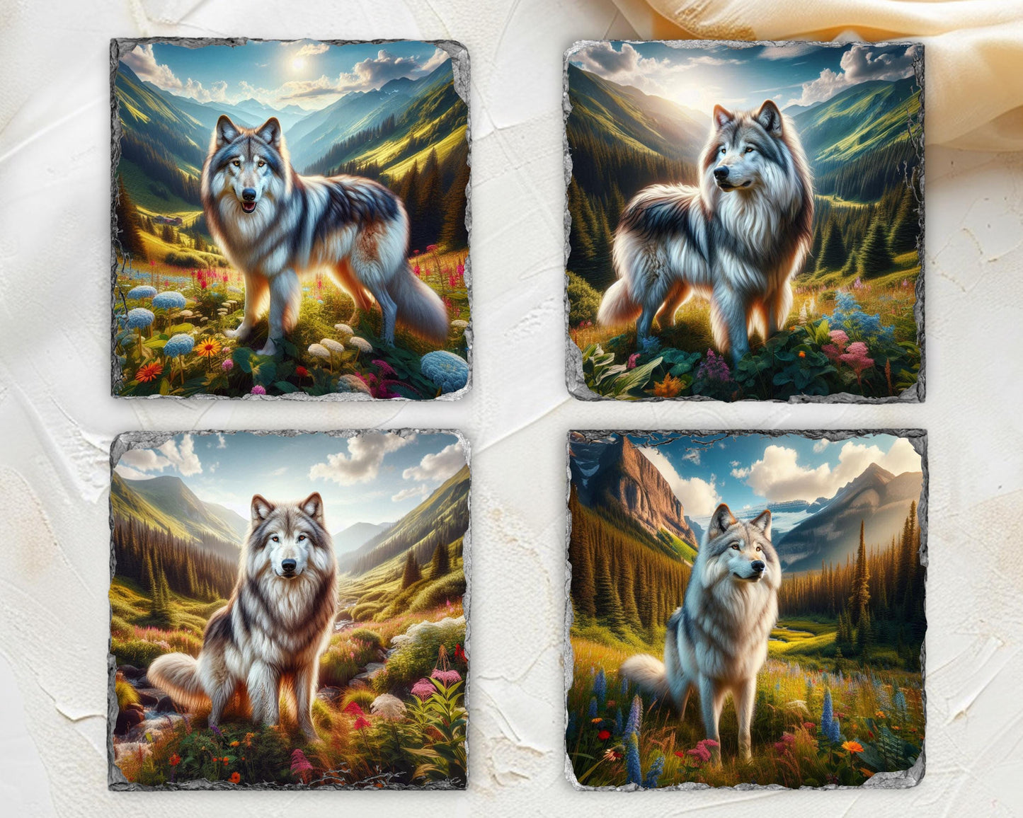 Artistic Wolf Mountain Slate Coaster Set  Ideal Gift for Wildlife Lovers and Housewarmings