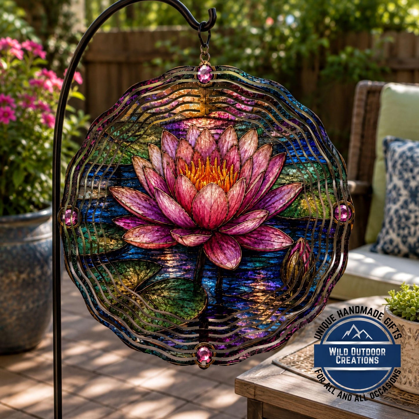 July Birth Flower Water Lily Wind Spinner 10 Inch Faux Stained Glass Metal Garden Decor
