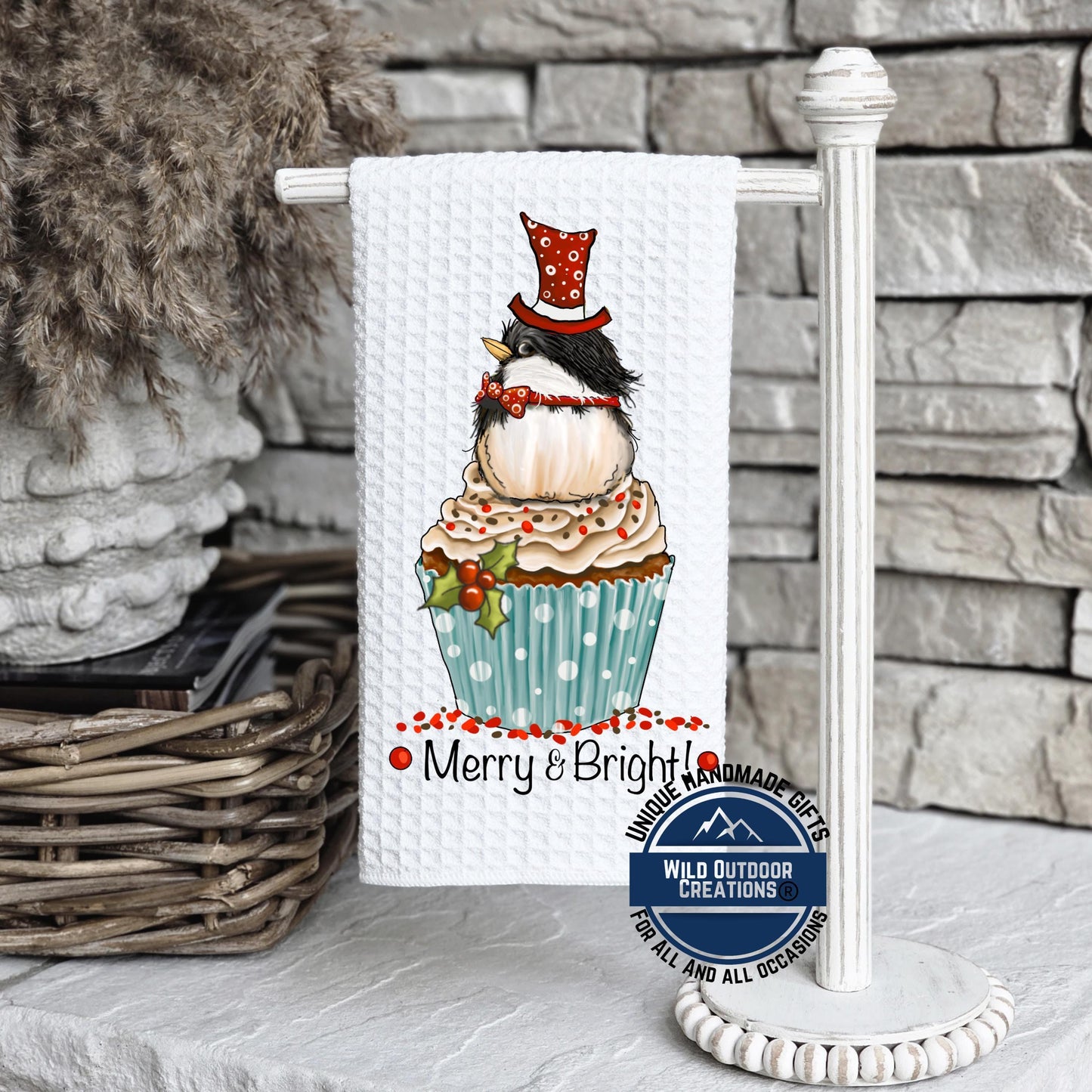 Chickadee Cupcake Christmas Kitchen Towel Merry Bright Bird Waffle Weave Holiday Decor Gift