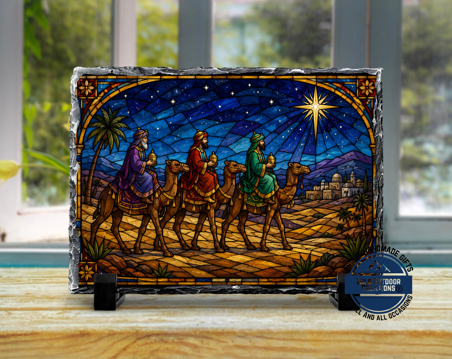 Three Wise Men Faux Stained Glass Slate Plaque, Christmas Nativity Decor, Religious Gift