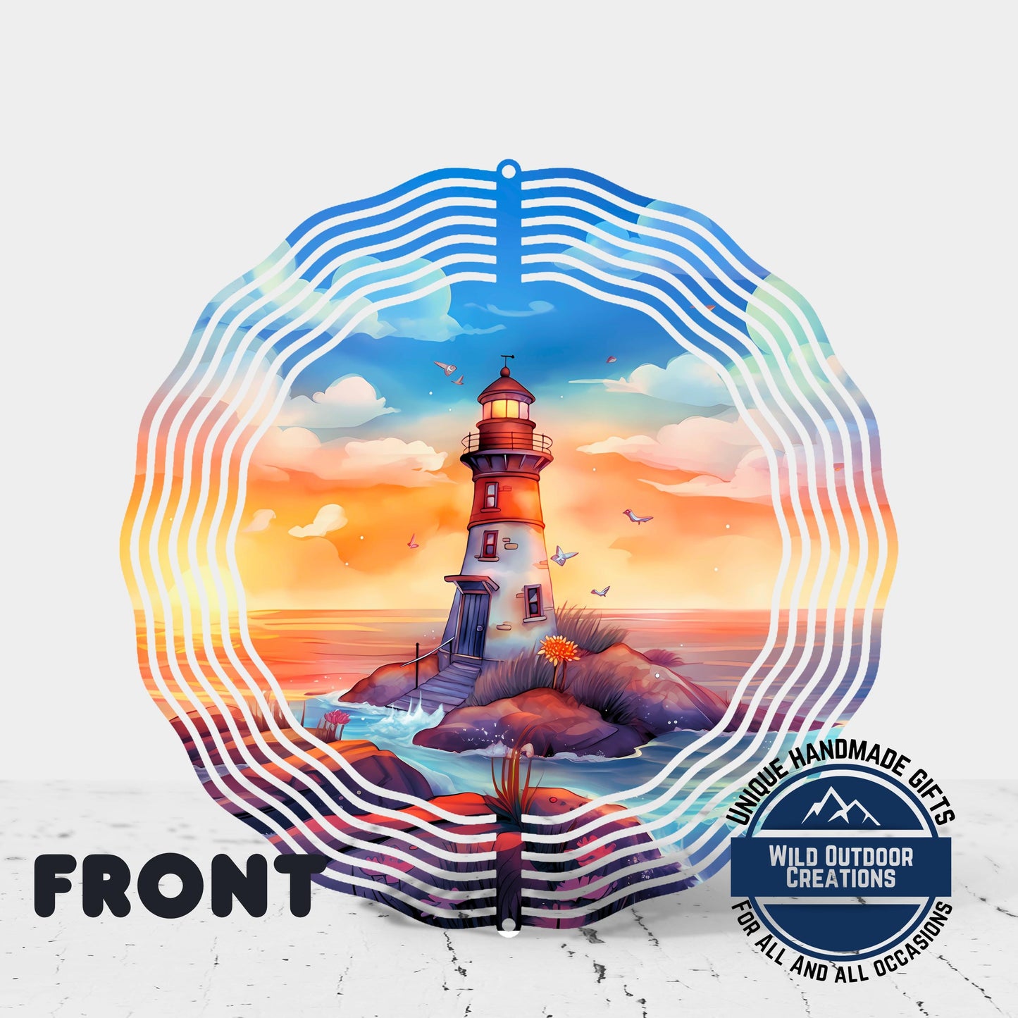 Watercolor Lighthouse Wind Spinner – Coastal Patio Decor with 360 Degree Swivel