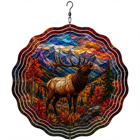 Elk Faux Stained Glass Wind Spinner Fall Mountain Wildlife Garden Decor