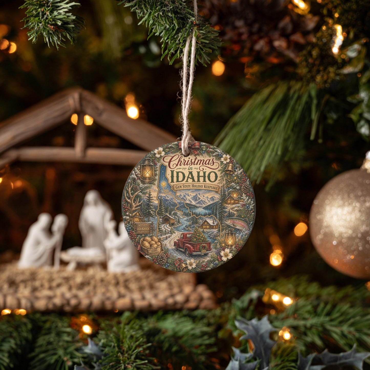 Idaho Ornament, Vintage Truck Ceramic Keepsake, Snowy Cabin Gift