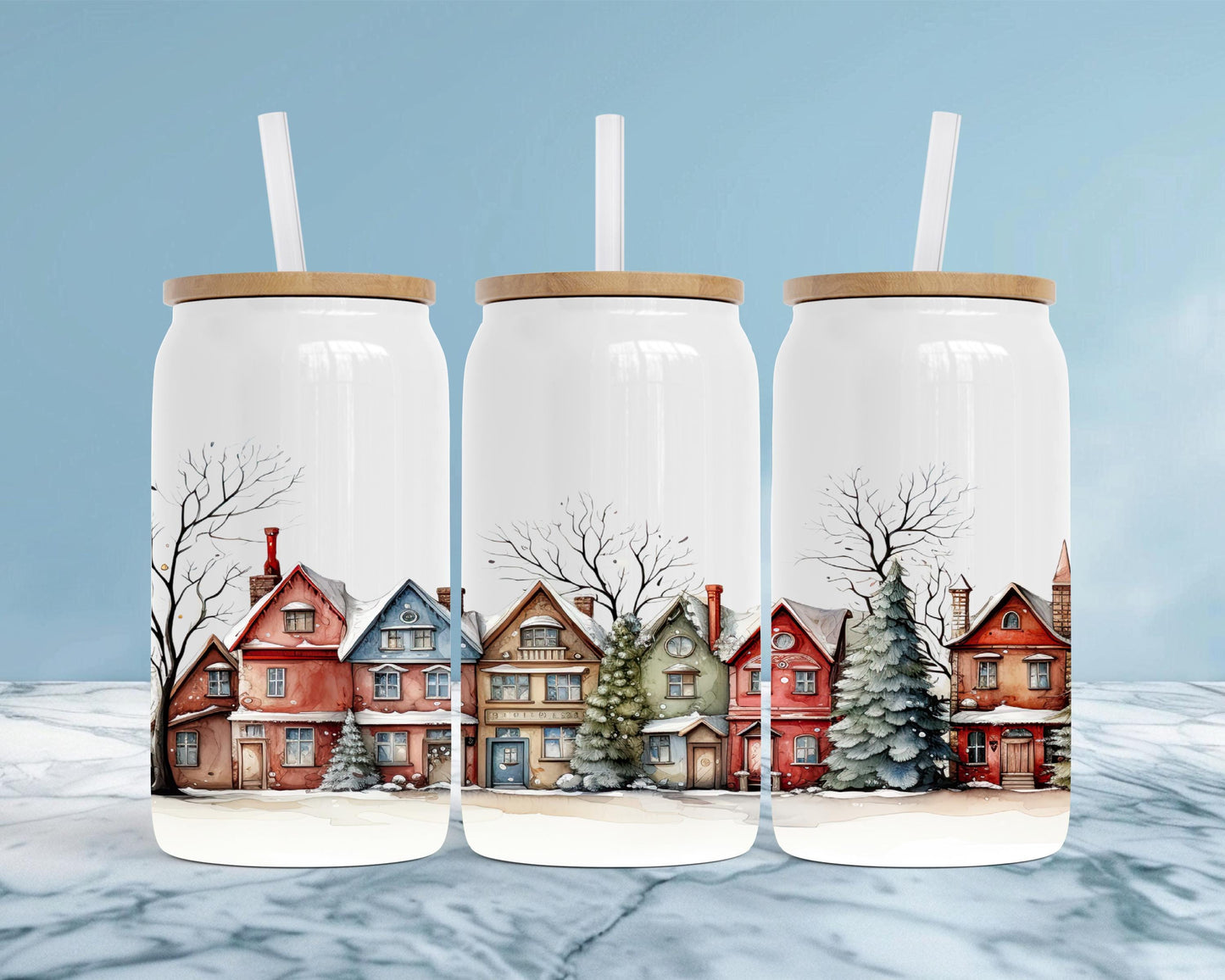Winter Vintage Houses 16oz Insulated Soda Can with Bamboo Lid