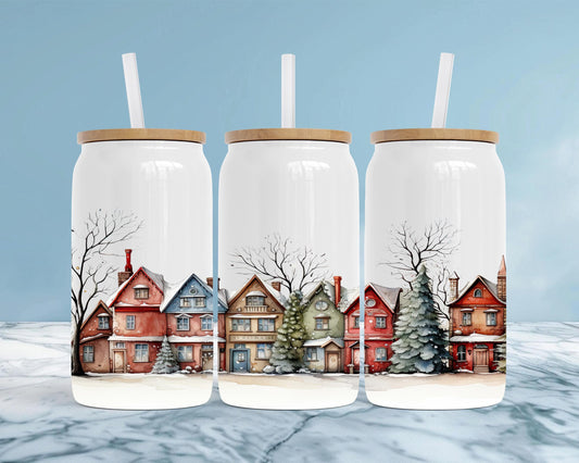 Winter Vintage Houses 16oz Insulated Soda Can with Bamboo Lid
