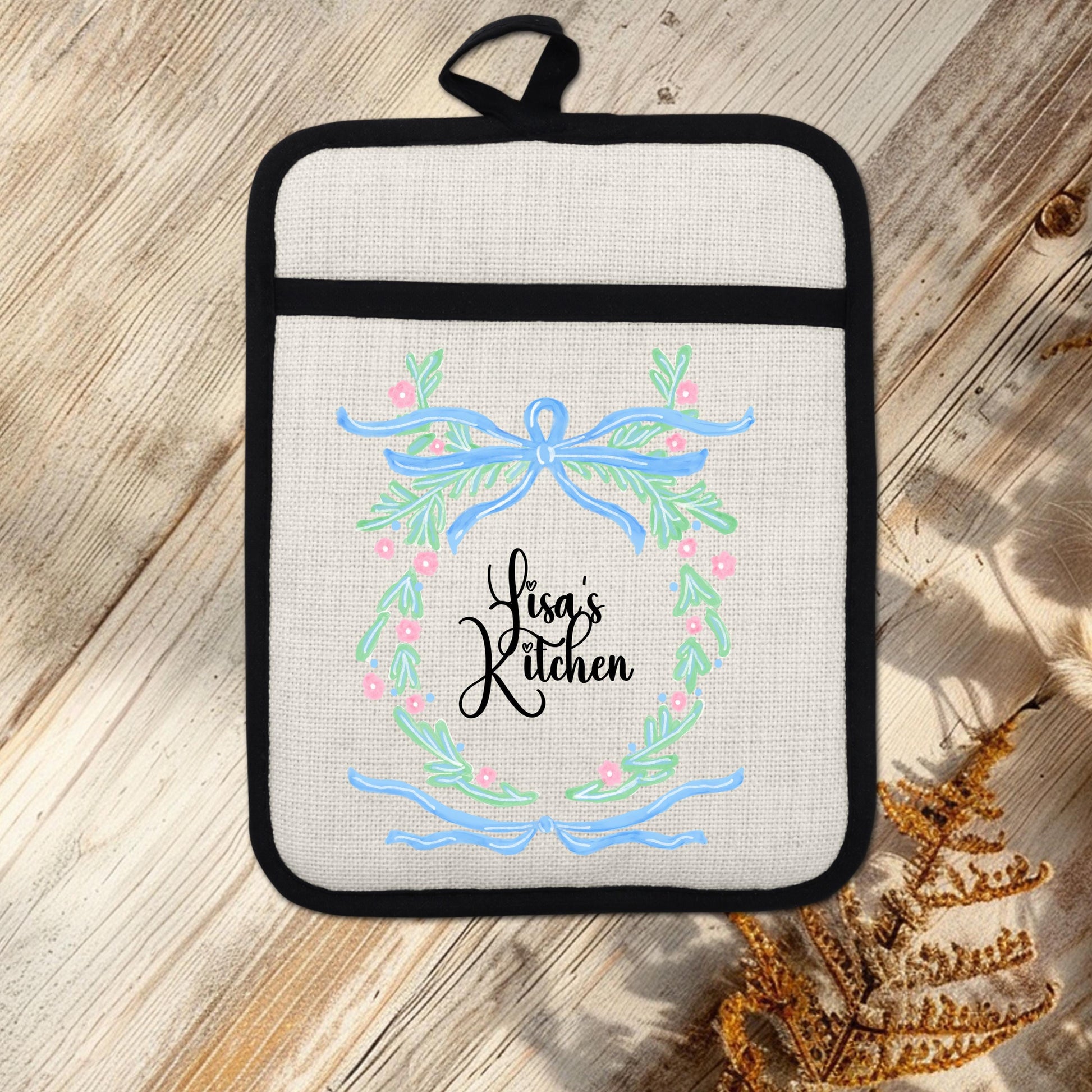 Personalized Pot Holder – Custom Name Floral Kitchen Gift With Linen Pocket - alternate view