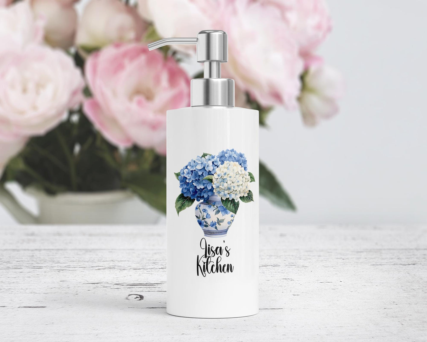 Personalized Hydrangea Soap Dispenser - Custom Chinoiserie Lotion Pump for Kitchen Decor Blue Preppy Gift