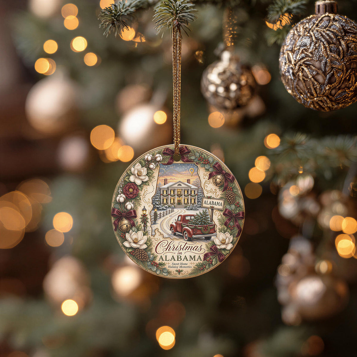 Alabama Christmas Ornament, Vintage Red Truck, Mansion Scene | Ceramic 3 Inch Double-Sided