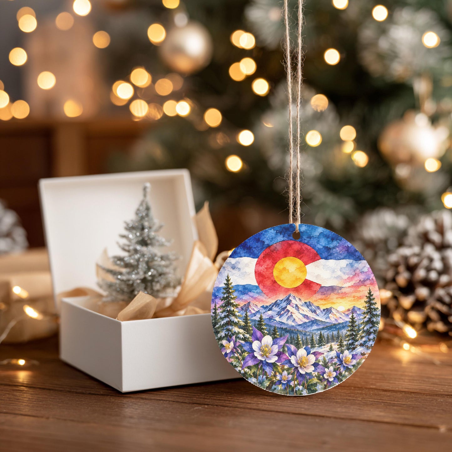 A round ornament featuring a colorful mountain landscape with a sun and clouds, surrounded by pine trees and flowers, hangs from a string. The ornament is displayed next to a white box with a small tree inside, and a blurred Christmas tree with twinkling lights can be seen in the background.
