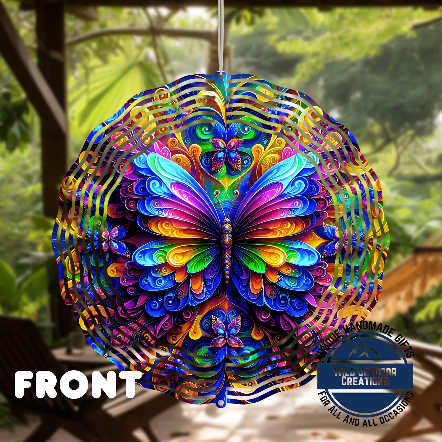 Neon Butterfly Wind Spinner - 10 Inch Rainbow Aluminum Garden Art with 360 Swivel Hook