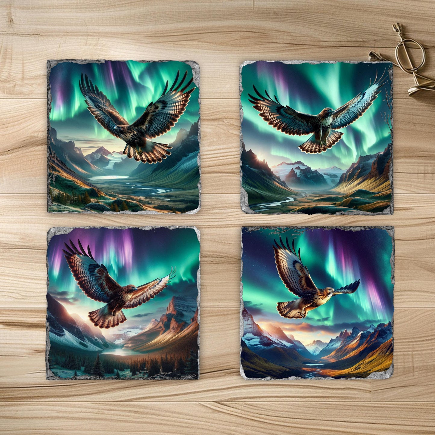 Slate Coaster Set with Unique Hawk  Northern Lights Designs - Perfect Gift for Outdoor Enthusiasts