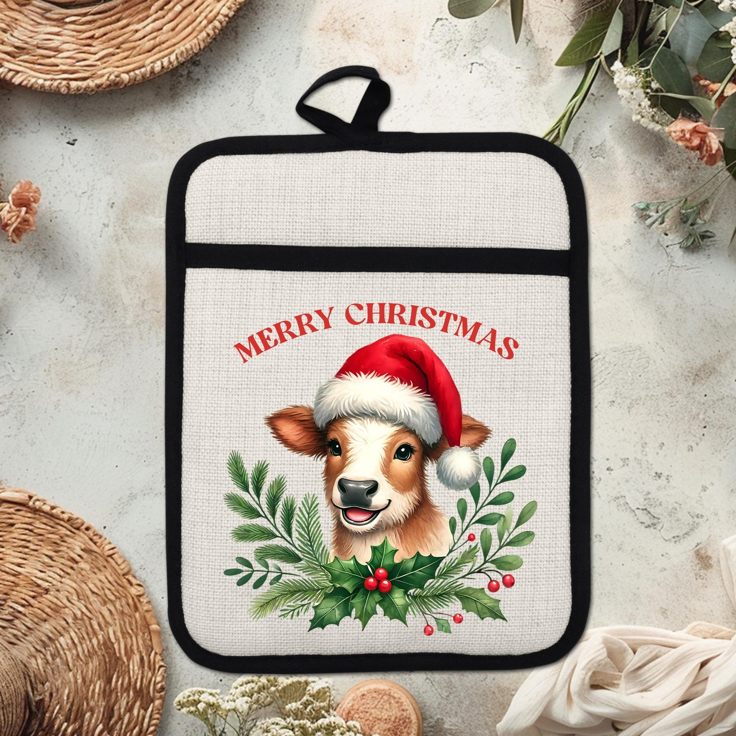 Christmas Cow Pot Holder with Santa Hat  Rustic Brown  White Farmhouse Kitchen Decor