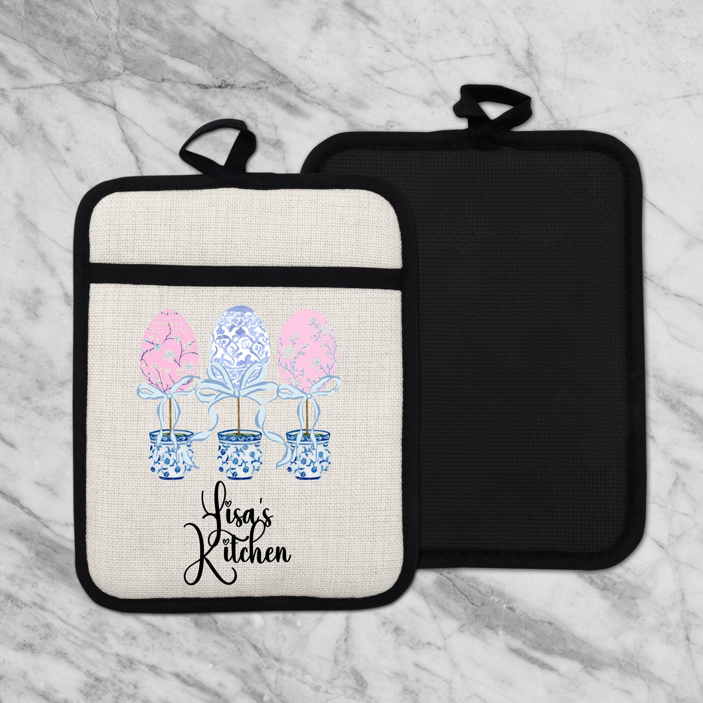 Personalized Easter Pot Holder – Custom Linen Kitchen Gift with Chinoiserie Eggs - additional product photo 11