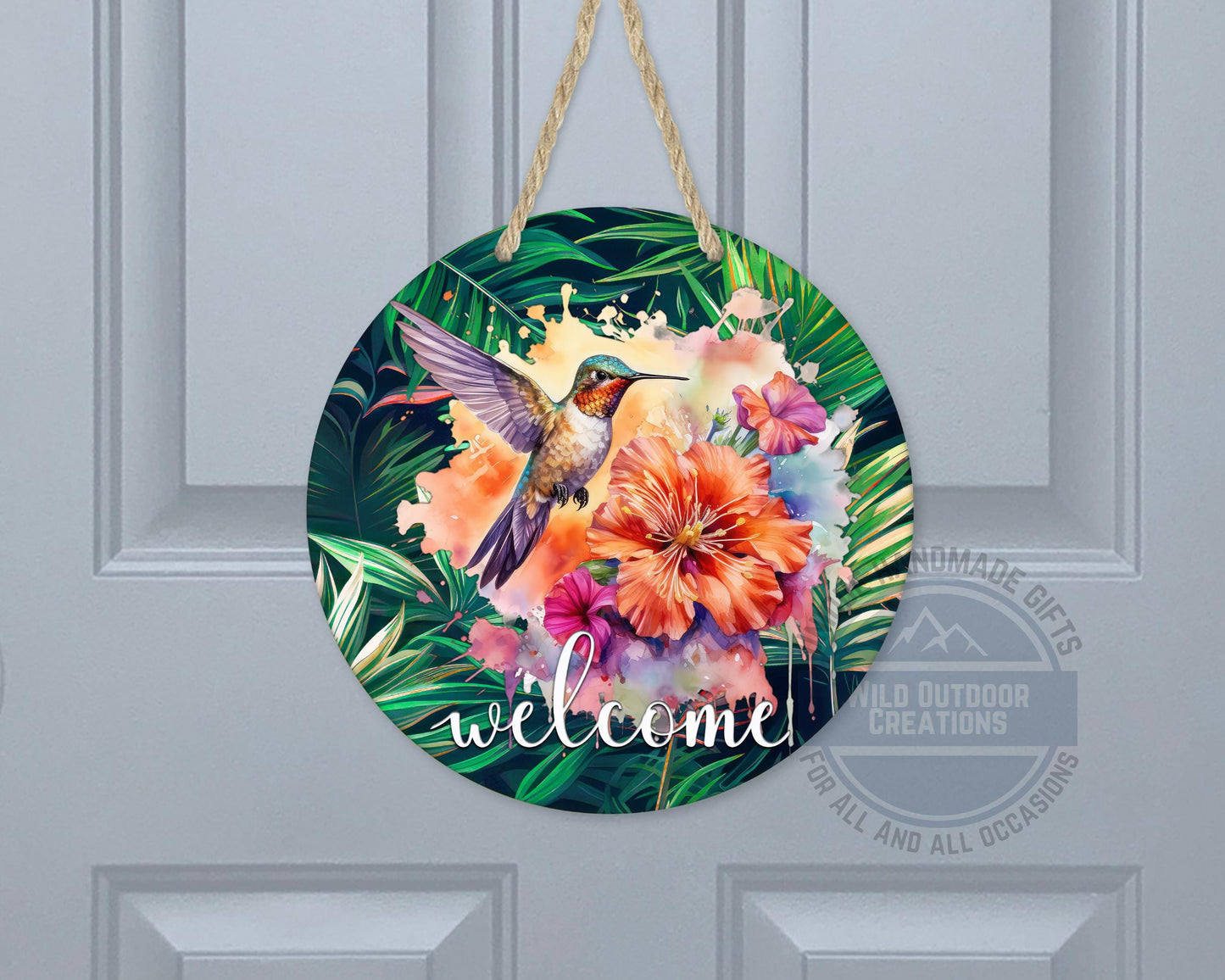 Tropical Hummingbird Door Hanger - Colorful Floral Welcome Sign with Fade Resistant Print