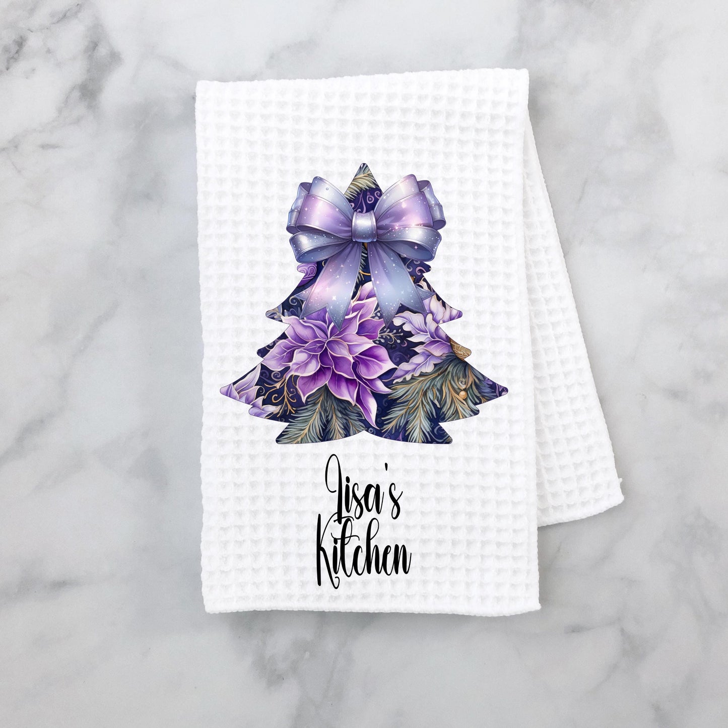 Personalized Purple Christmas Tree Kitchen Towel - Waffle Weave Holiday Decor