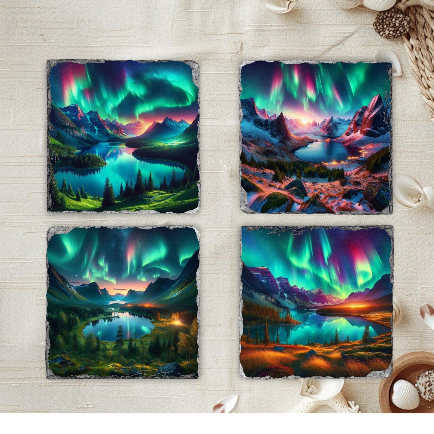 Mountain Lake Northern Lights Slate Coaster Set with Black Rack - Perfect Gift for Nature Lovers Featuring 4 Scenic Images and Fractured Edges
