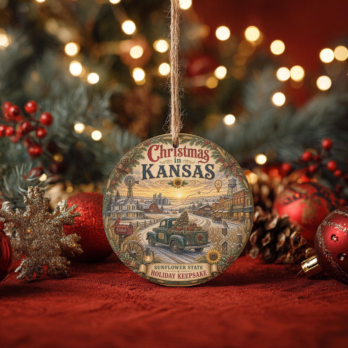 Kansas Christmas Ornament | Vintage Green Truck Ceramic Keepsake, 3 Inch