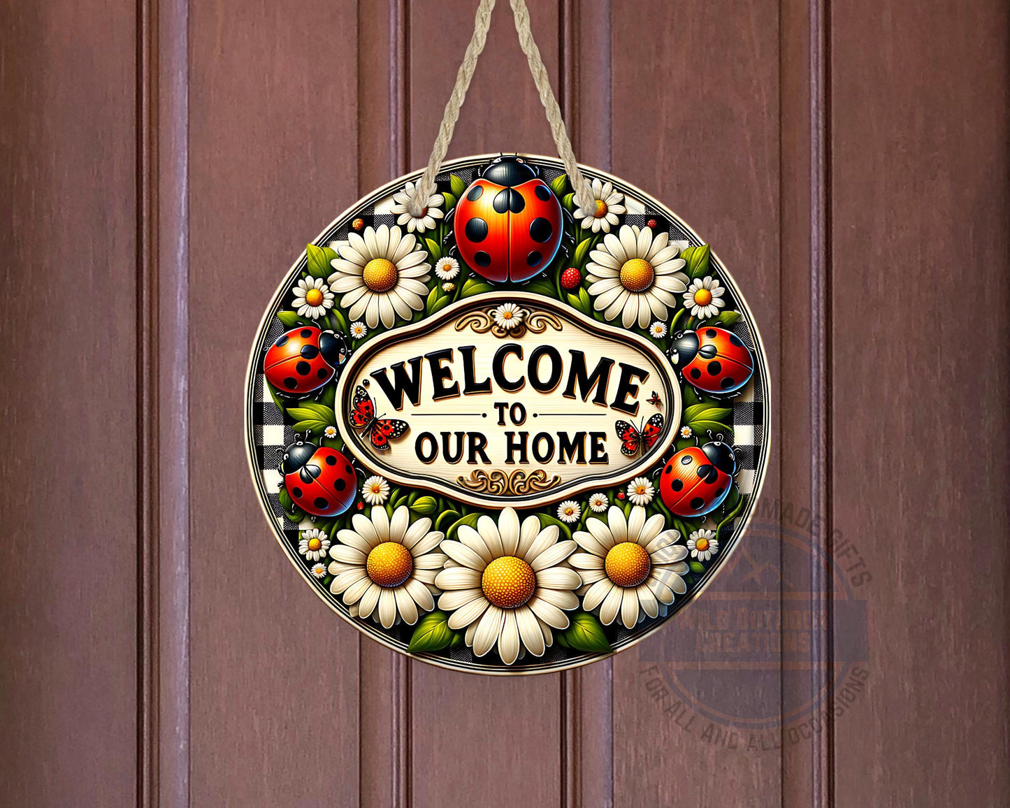 Welcome Door Hanger - Outdoor Aluminum Round Sign With Ladybug & Daisy Design