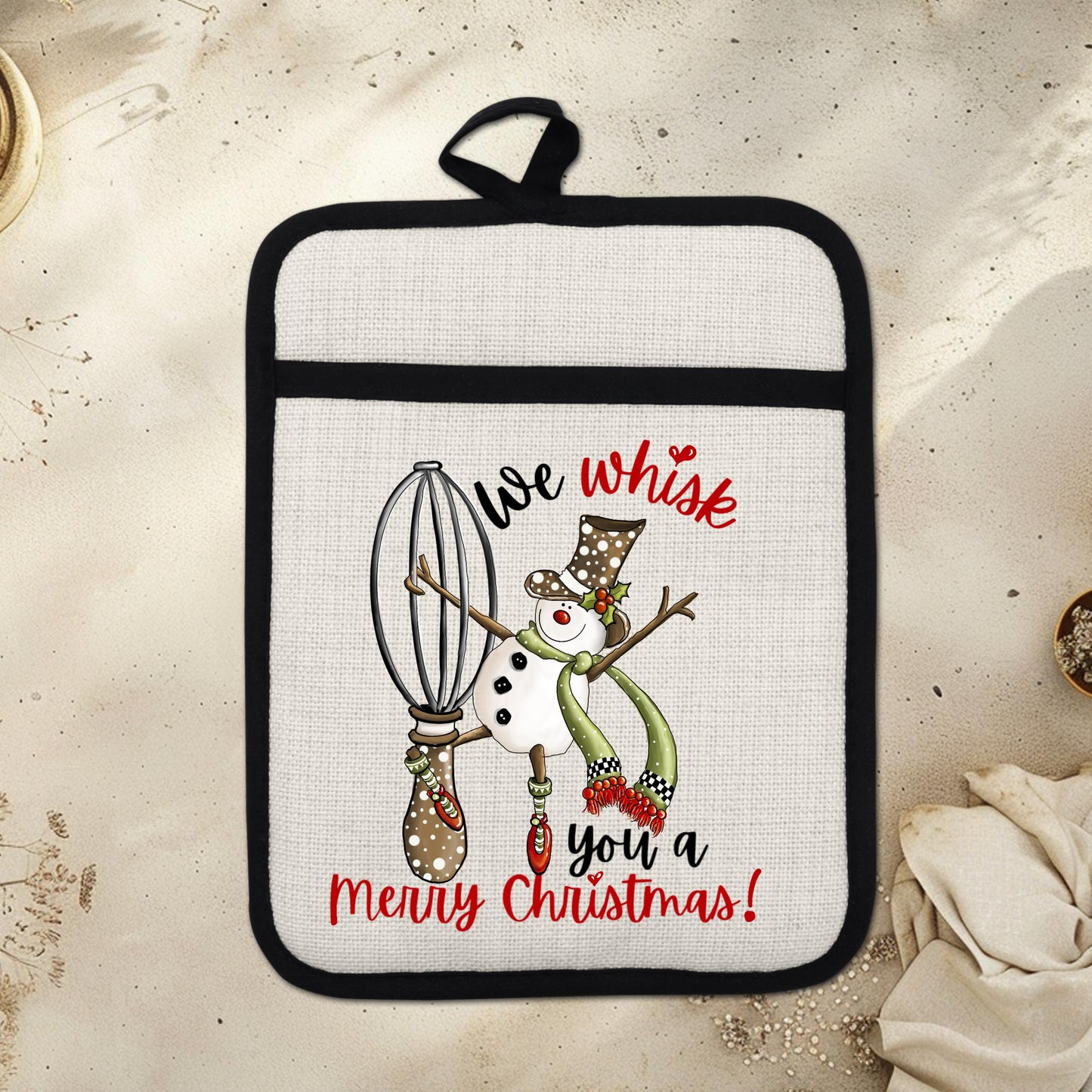 Funny Snowman Pot Holder with We Whisk You a Merry Christmas Quote - Linen Hot Pad for Holiday Kitchen Gift
