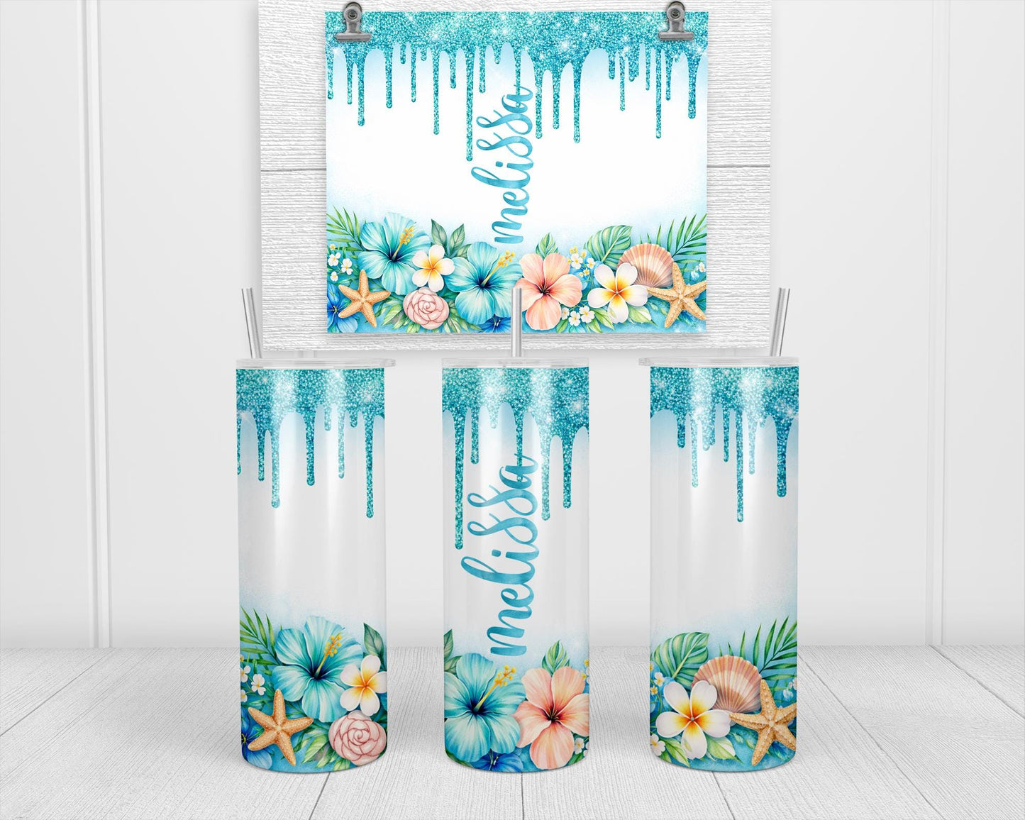 Personalized Tropical Tumbler - Double Wall Tumbler With Floral Beach Design & Glow Green
