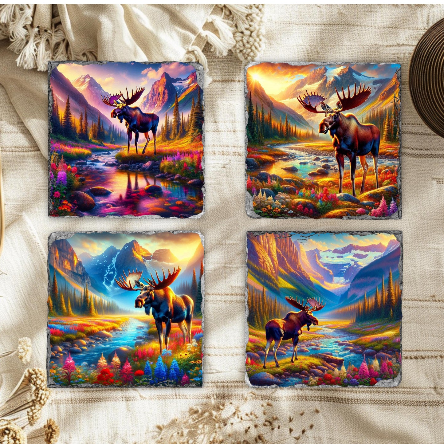 Vibrant Moose Slate Coaster Set with Wildflowers  Black Rack - Nature-Inspired Gift