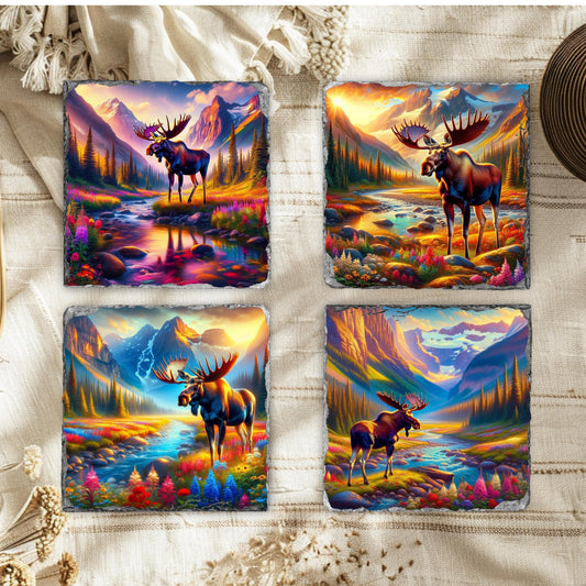 Vibrant Moose Slate Coaster Set with Wildflowers  Black Rack - Nature-Inspired Gift