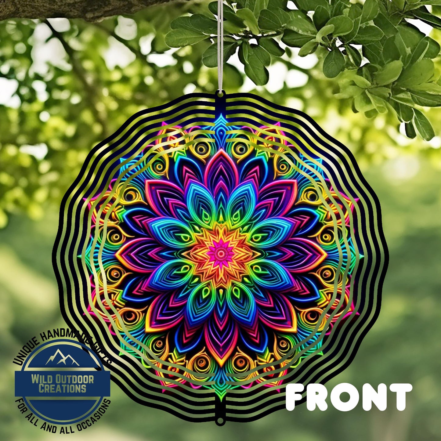 Neon Rainbow Wind Spinner – 10 Inch Mandala Double-Sided Aluminum Yard Art - additional angle