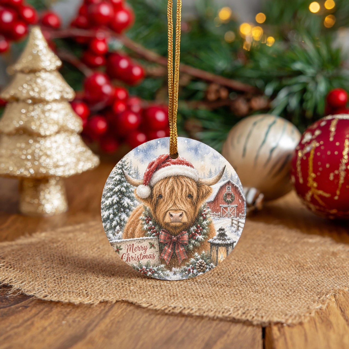Highland Cow Ornament, Round Ceramic, 3 Inch Winter Barn Scene