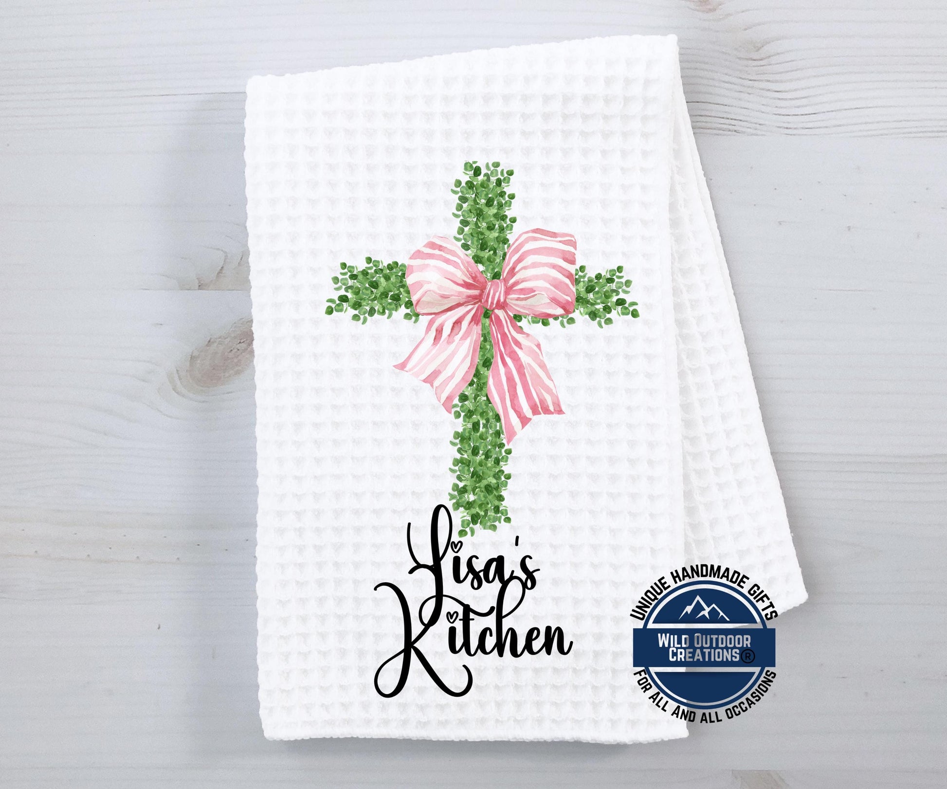 Personalized Kitchen Towel - Custom Name Cross Design with Pink Bow | Easter Gift - gift presentation view