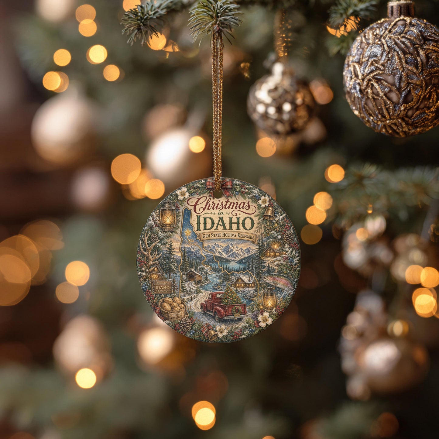 Idaho Ornament, Vintage Truck Ceramic Keepsake, Snowy Cabin Gift