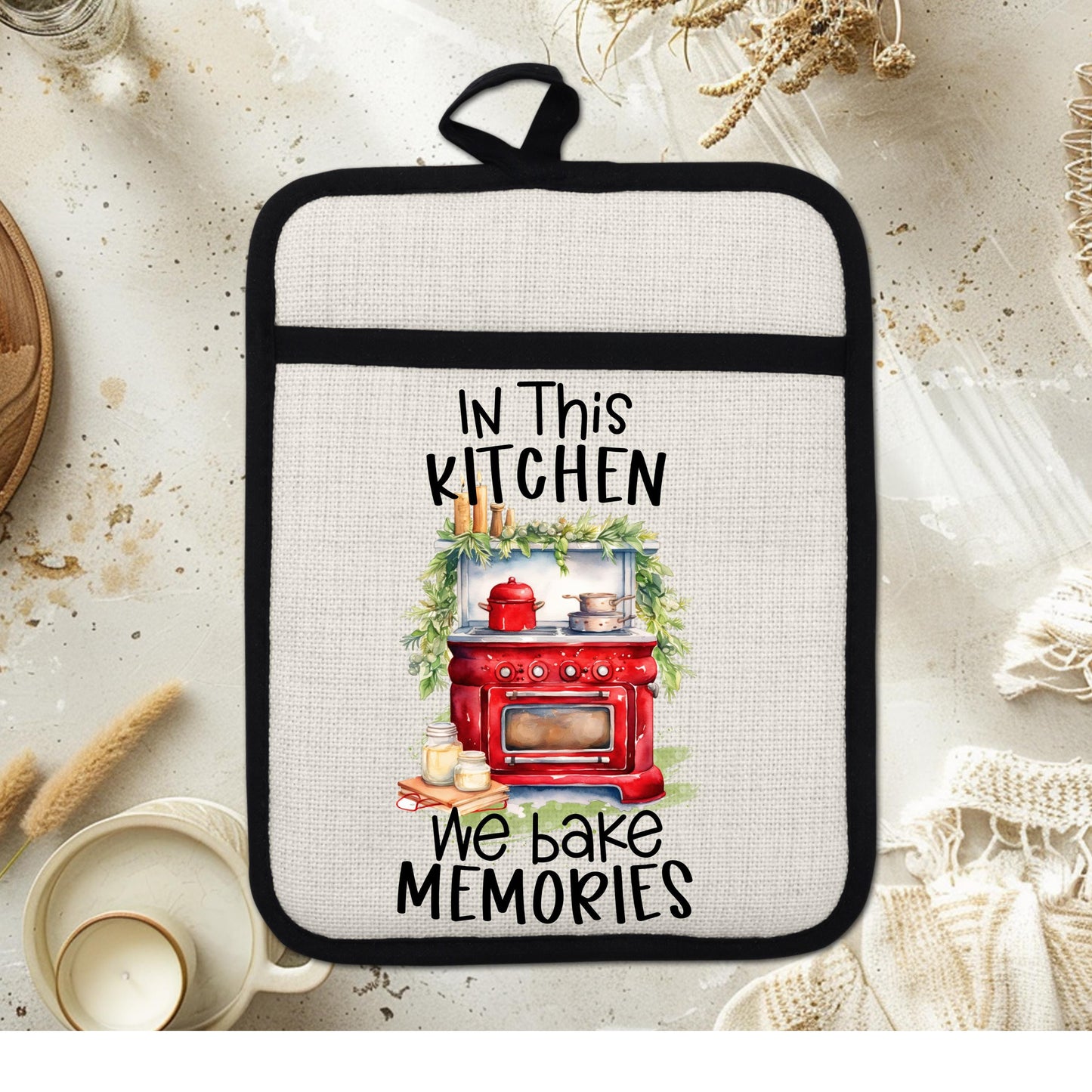 Red Farmhouse Oven Pot Holder - We Bake Memories Quote Rustic Linen Hot Pad for Christmas Kitchen Decor  Holiday Gifts