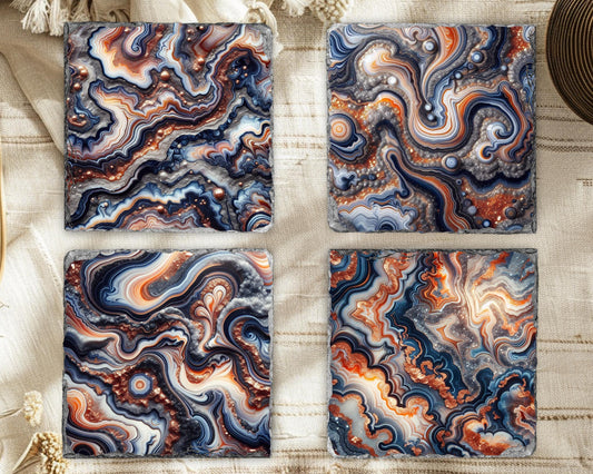 Blue Orange Silver Glitter Agate Coaster Set of 4 - Fractured Edge Boho Drinkware for Housewarming Gifts