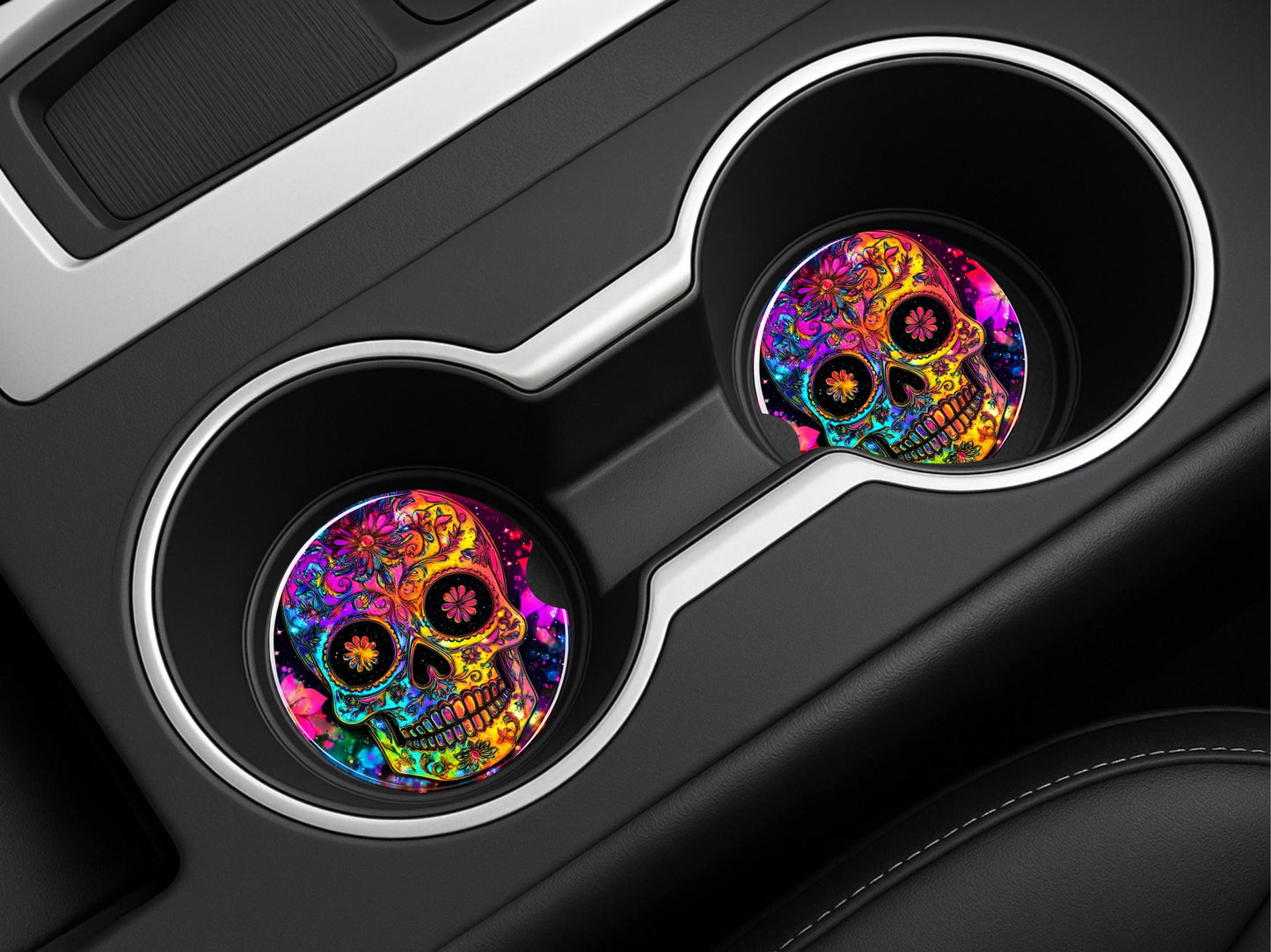 Rainbow Sugar Skull Car Coaster - Stylish Sandstone Cup Holder Mat for Vehicle Decor